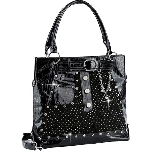 64. Jeans Design Black Jeweled Studded Bling Handbag Purse - Picture 1 of 6